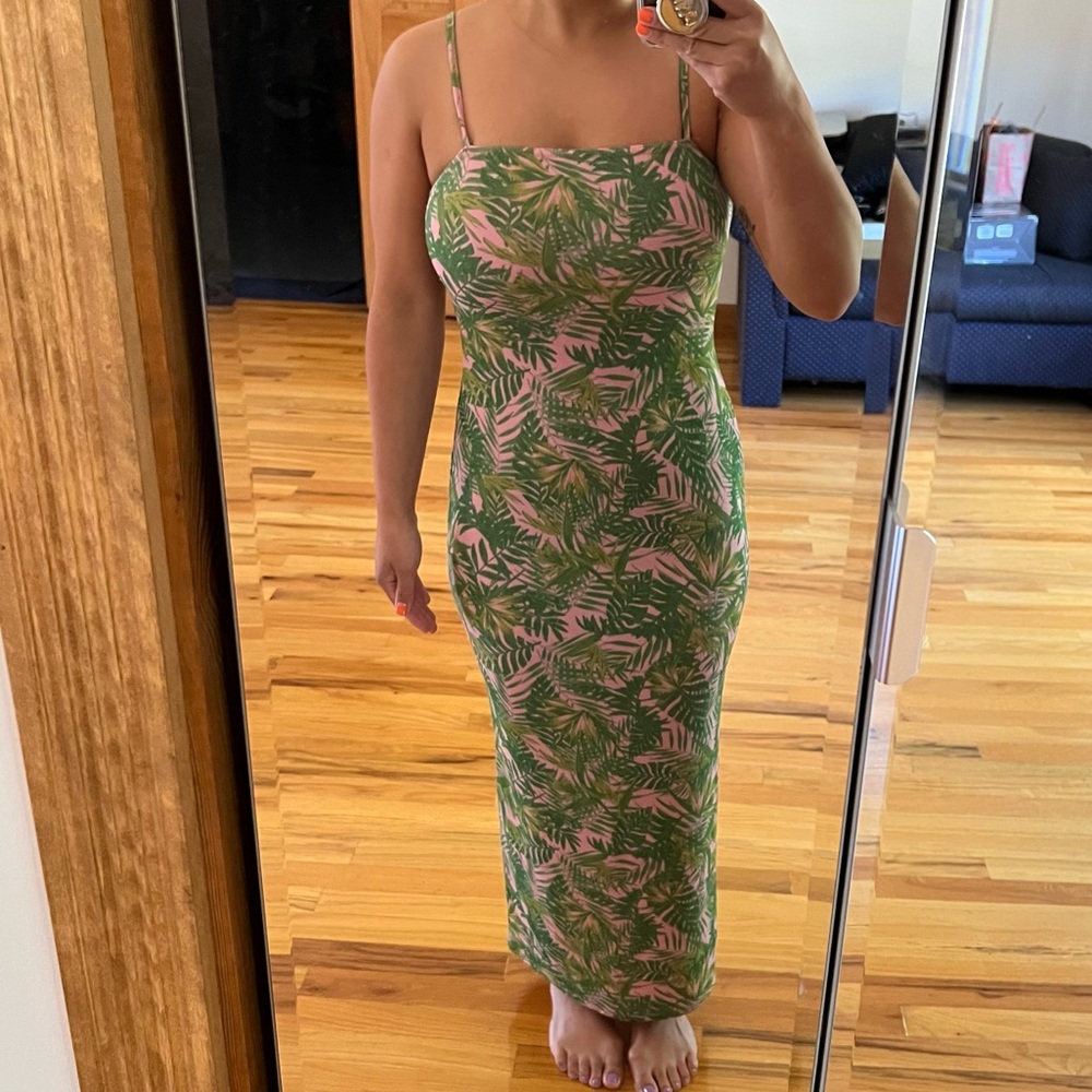 Tropical print body con maxi dress